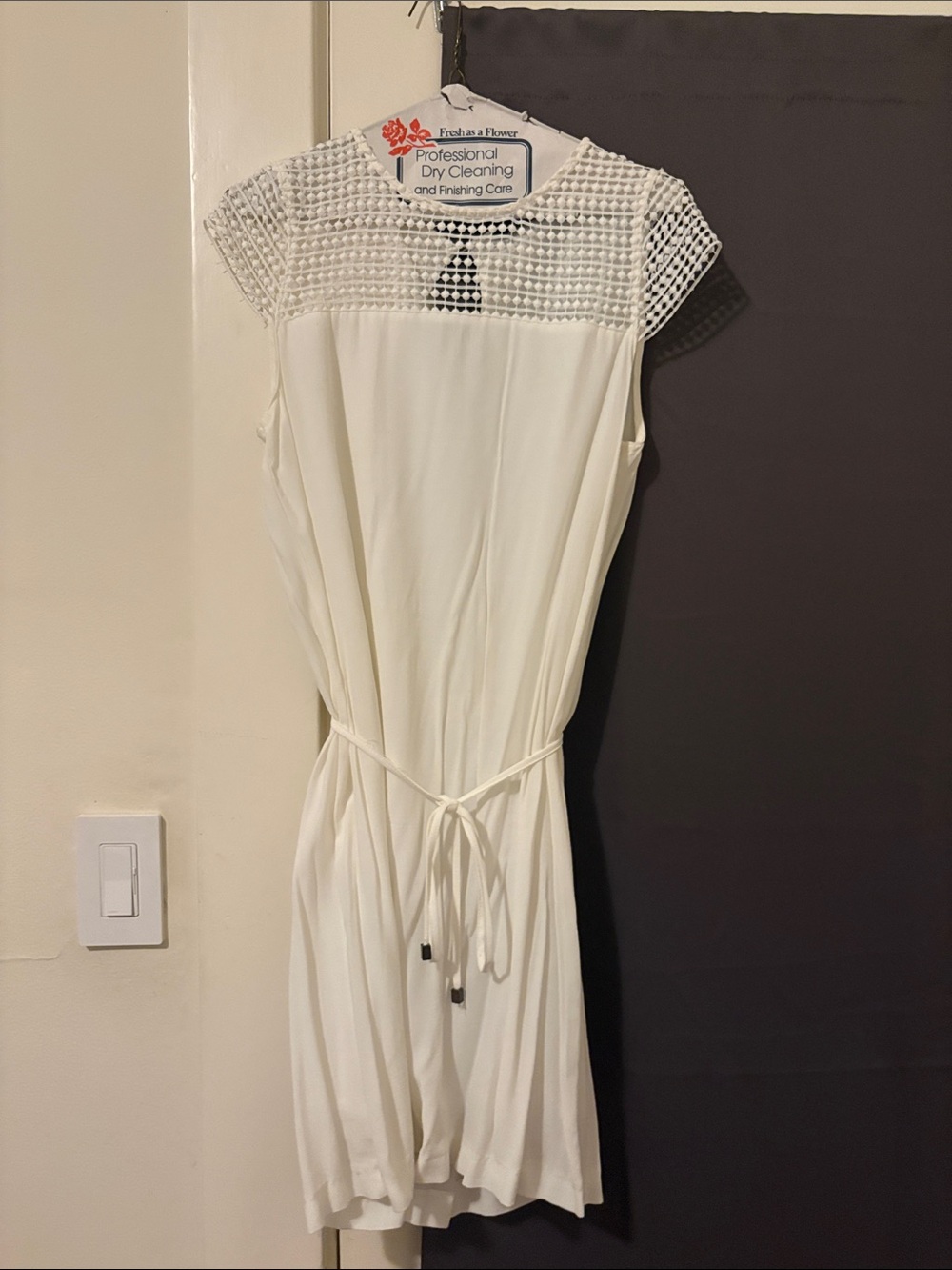 Zara Women's White Knit Yoke Tie-Waist Dress
